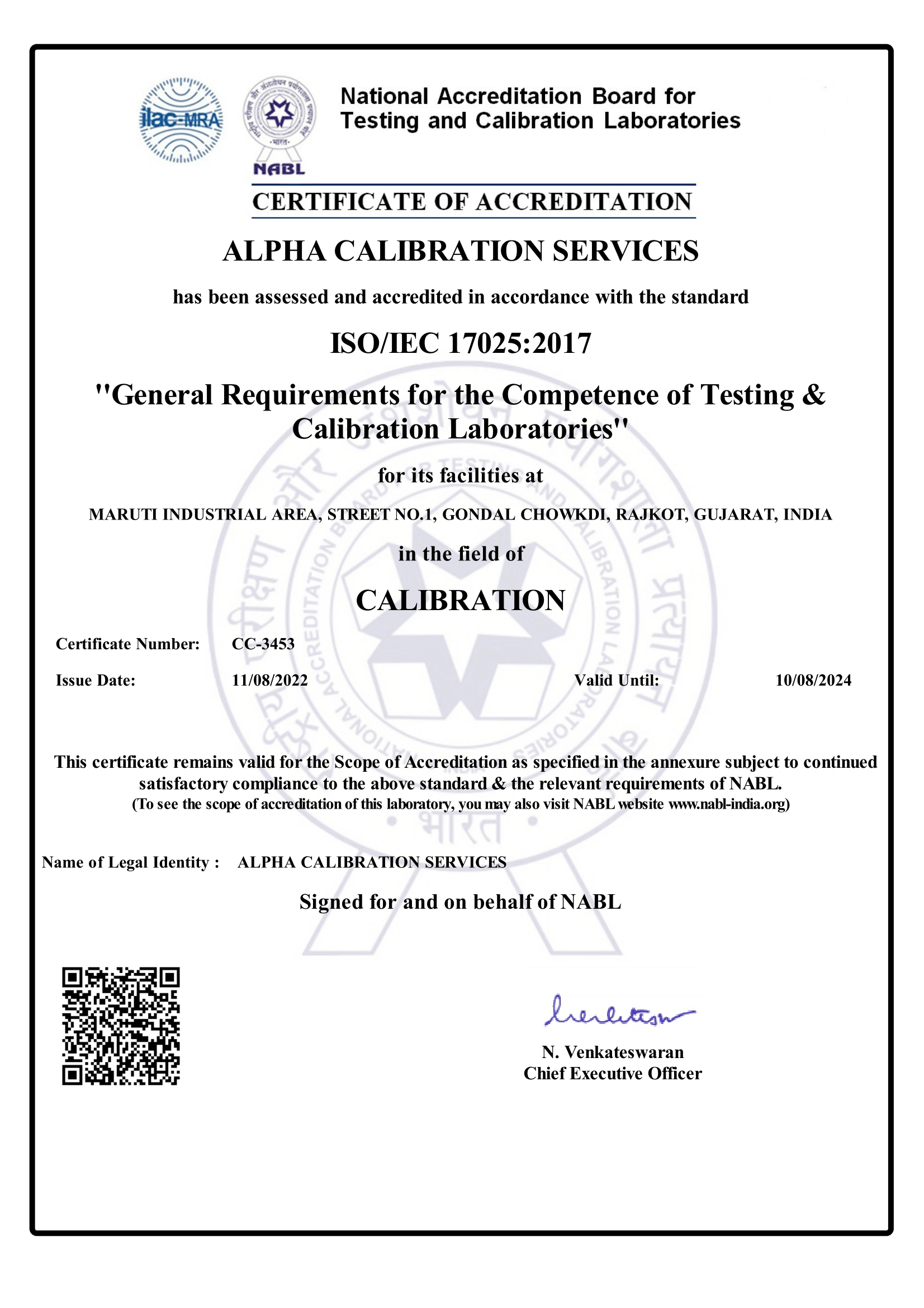 Alpha Calibration Services PVT LTD Certificate